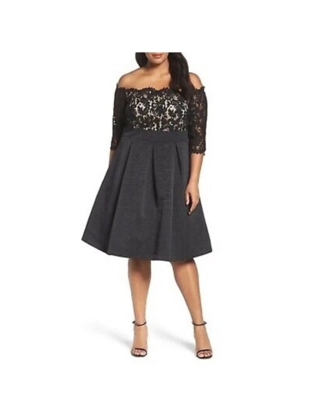 Eliza J Black Off-the-Shoulder Lace Bodice Fit-and-Flare Dress.